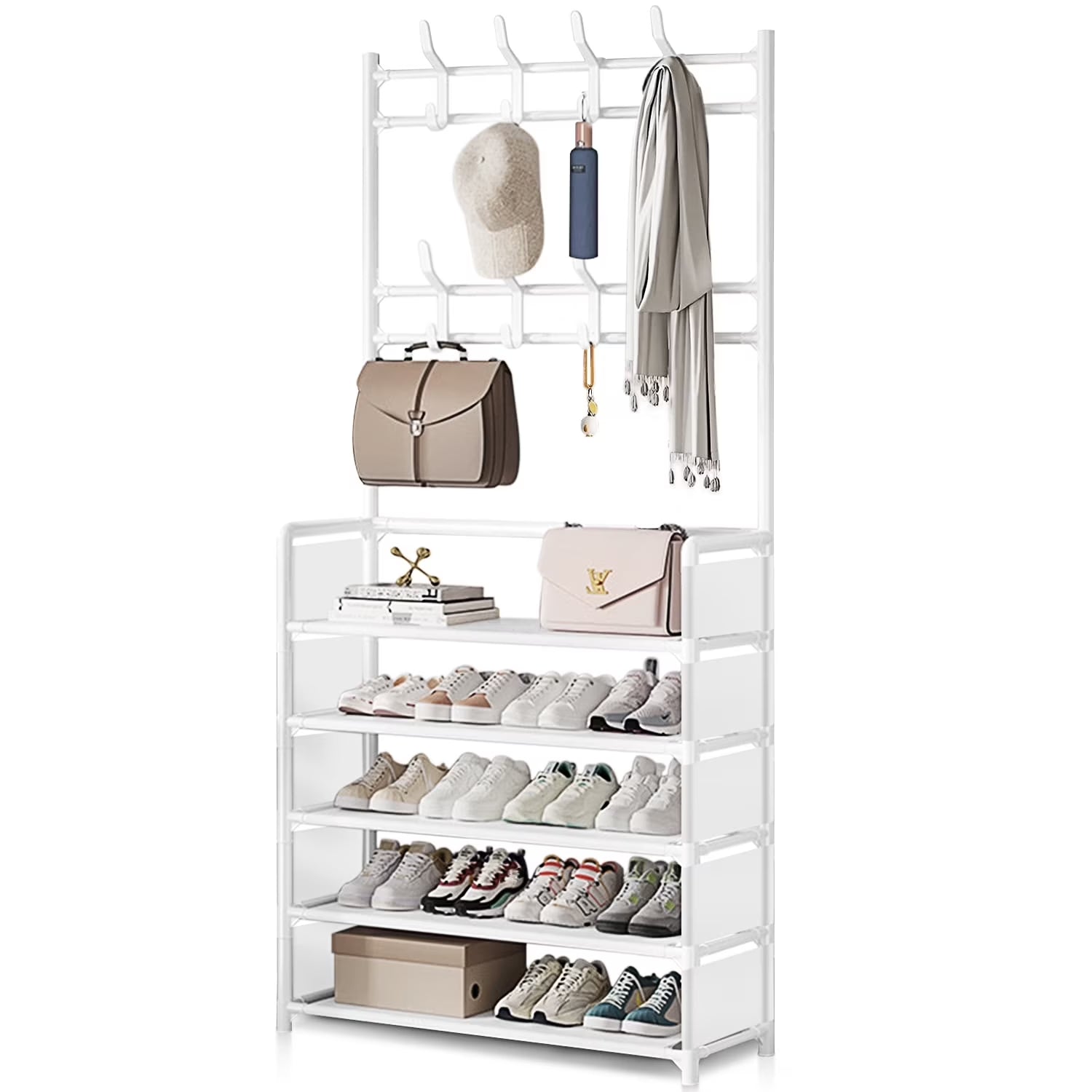 5 Tiers Shoe Rack with Coat Rack, Shoe Organizer Storage with Hooks, Freestanding Shoe Shelf for Entryway, Hallway, Office, White