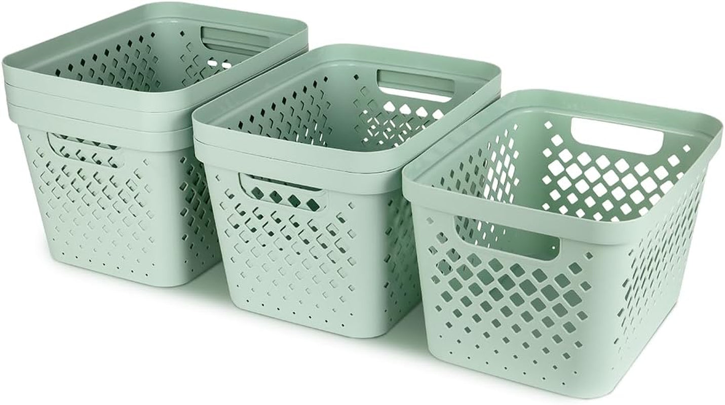Plastic Storage Basket Set, Value Pack of 6 | Open Storage Bins for Shelves, Bathroom, Pantry, Closet | Nesting Organizer Boxes with Handles, 4 Gallon, Sage