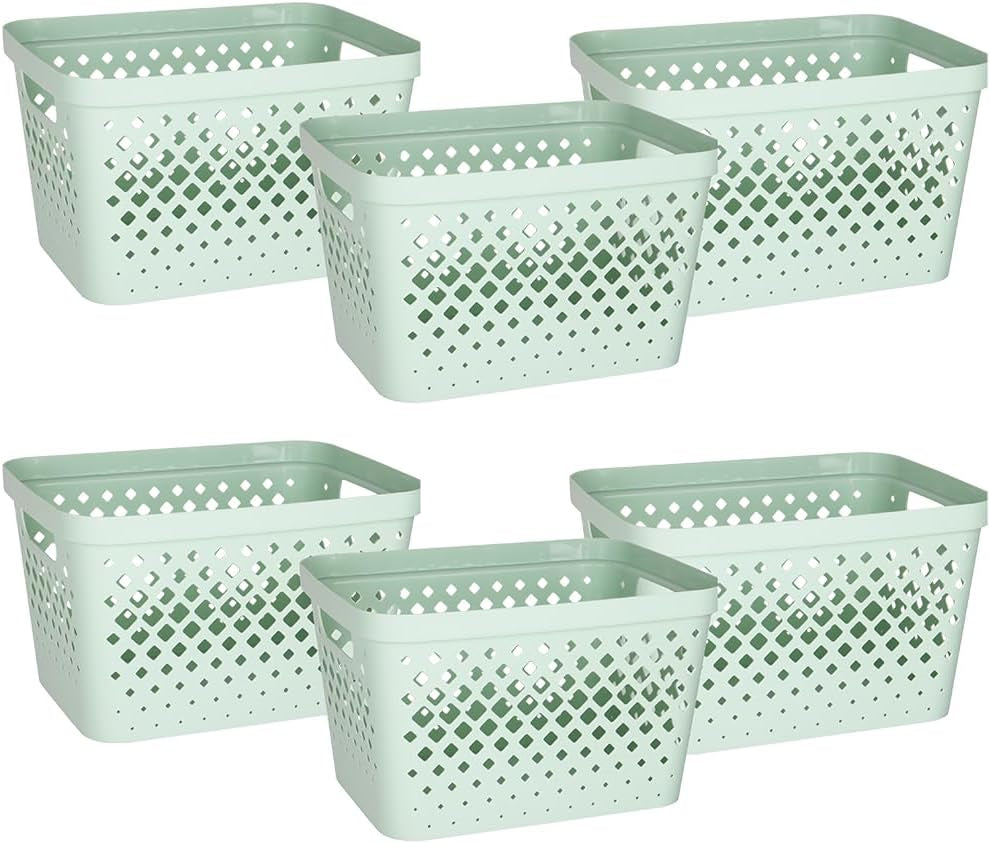 Plastic Storage Basket Set, Value Pack of 6 | Open Storage Bins for Shelves, Bathroom, Pantry, Closet | Nesting Organizer Boxes with Handles, 4 Gallon, Sage