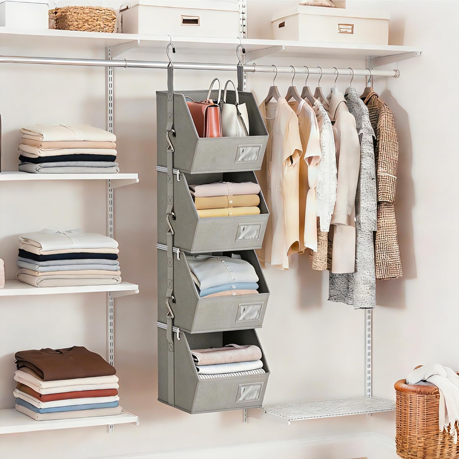 Hanging Closet Organizer 4 Tier, Hanging Shelves for Closet-Hanging Closet Organizer with Stackable Shelves,Versatile Fabric Storage Bins for Bedroom, RV, Nursery,Dorm(Grey)