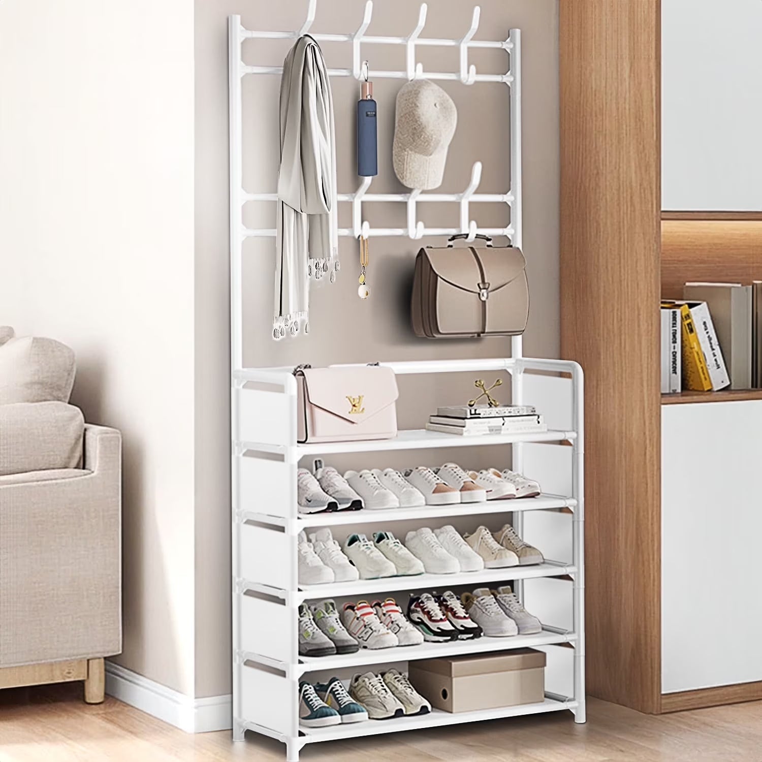 5 Tiers Shoe Rack with Coat Rack, Shoe Organizer Storage with Hooks, Freestanding Shoe Shelf for Entryway, Hallway, Office, White