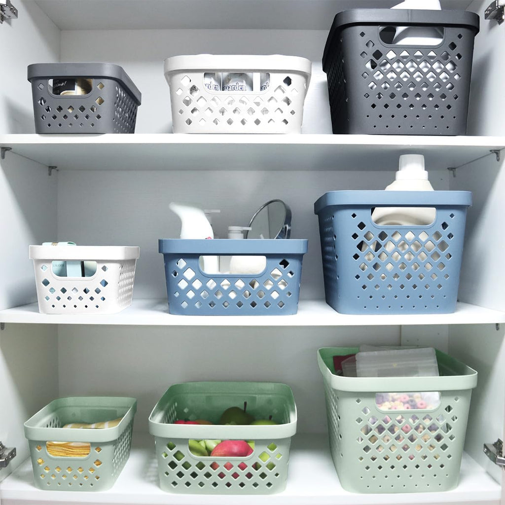 Plastic Storage Basket Set, Value Pack of 6 | Open Storage Bins for Shelves, Bathroom, Pantry, Closet | Nesting Organizer Boxes with Handles, 4 Gallon, Sage