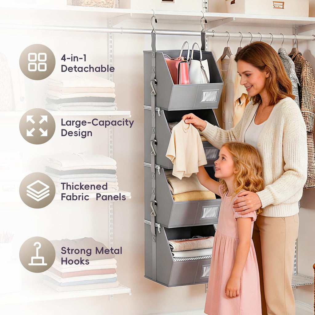 Hanging Closet Organizer 4 Tier, Hanging Shelves for Closet-Hanging Closet Organizer with Stackable Shelves,Versatile Fabric Storage Bins for Bedroom, RV, Nursery,Dorm(Grey)