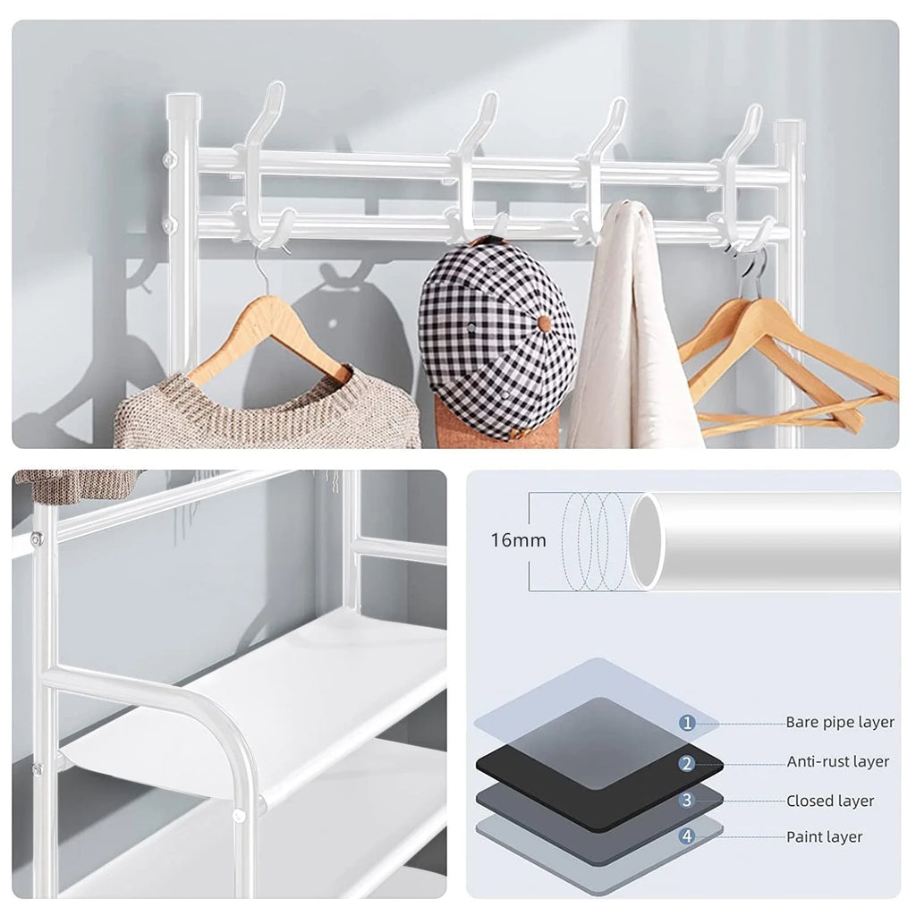 5 Tiers Shoe Rack with Coat Rack, Shoe Organizer Storage with Hooks, Freestanding Shoe Shelf for Entryway, Hallway, Office, White