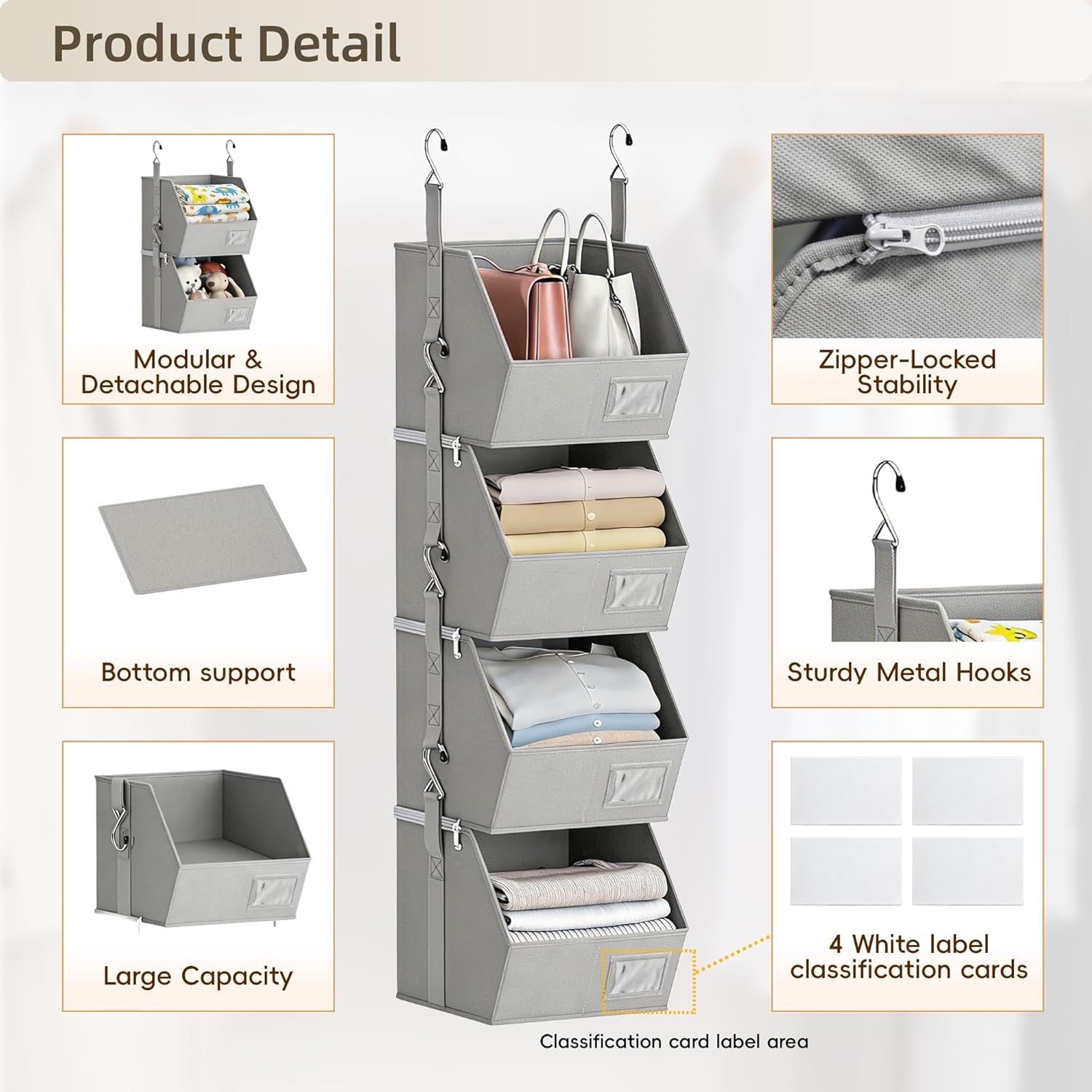 Hanging Closet Organizer 4 Tier, Hanging Shelves for Closet-Hanging Closet Organizer with Stackable Shelves,Versatile Fabric Storage Bins for Bedroom, RV, Nursery,Dorm(Grey)