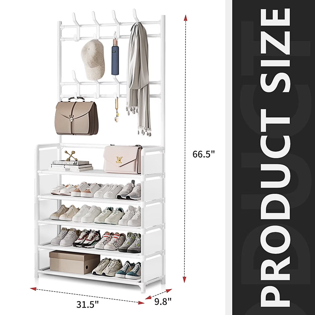 5 Tiers Shoe Rack with Coat Rack, Shoe Organizer Storage with Hooks, Freestanding Shoe Shelf for Entryway, Hallway, Office, White