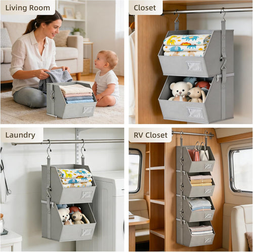 Hanging Closet Organizer 4 Tier, Hanging Shelves for Closet-Hanging Closet Organizer with Stackable Shelves,Versatile Fabric Storage Bins for Bedroom, RV, Nursery,Dorm(Grey)