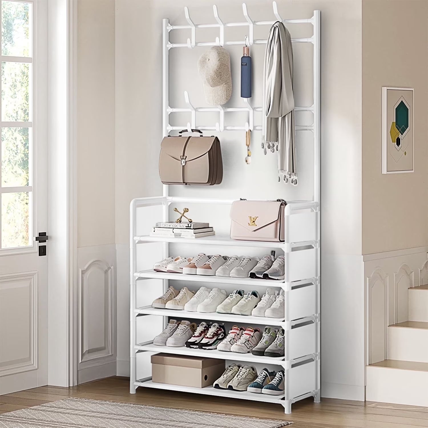5 Tiers Shoe Rack with Coat Rack, Shoe Organizer Storage with Hooks, Freestanding Shoe Shelf for Entryway, Hallway, Office, White