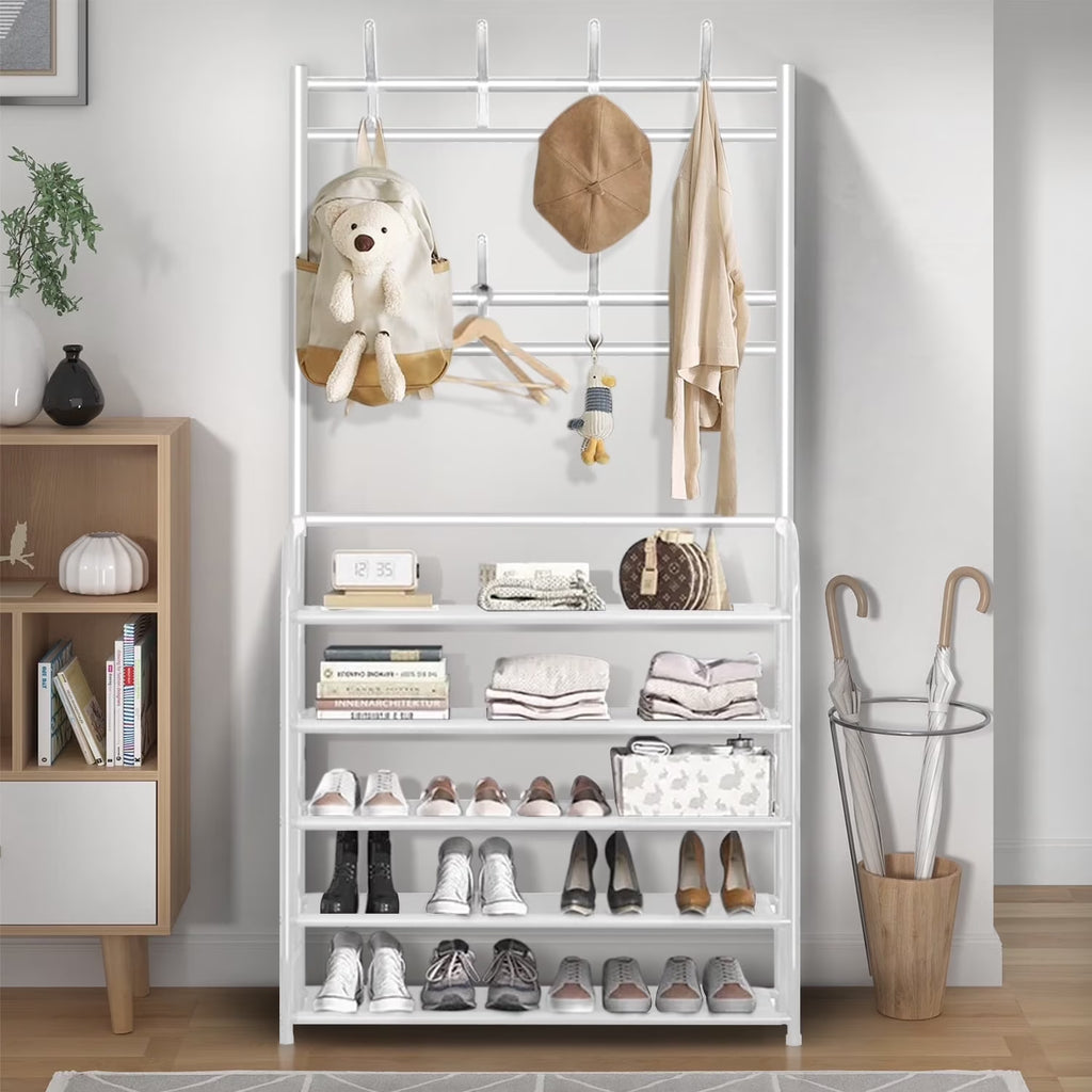 5 Tiers Shoe Rack with Coat Rack, Shoe Organizer Storage with Hooks, Freestanding Shoe Shelf for Entryway, Hallway, Office, White