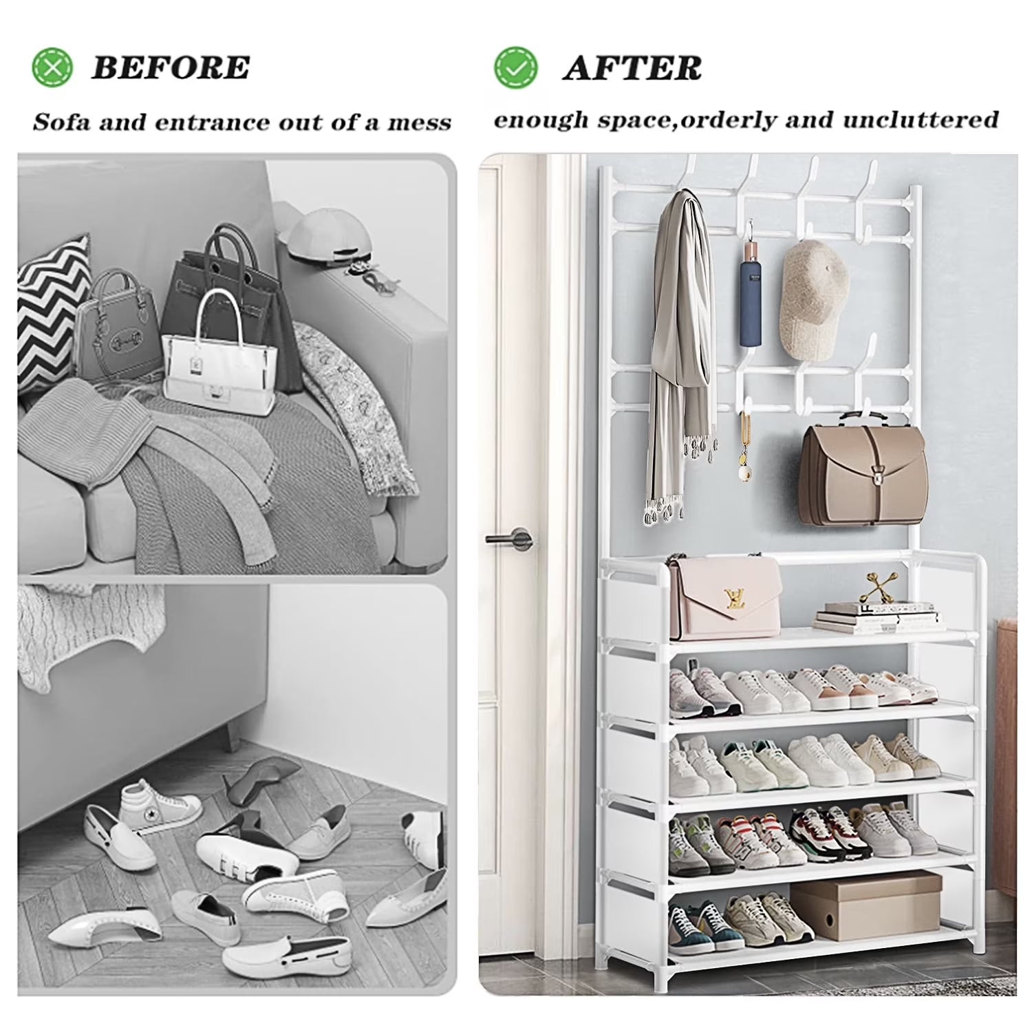 5 Tiers Shoe Rack with Coat Rack, Shoe Organizer Storage with Hooks, Freestanding Shoe Shelf for Entryway, Hallway, Office, White