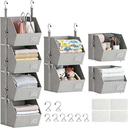 Hanging Closet Organizer 4 Tier, Hanging Shelves for Closet-Hanging Closet Organizer with Stackable Shelves,Versatile Fabric Storage Bins for Bedroom, RV, Nursery,Dorm(Grey)